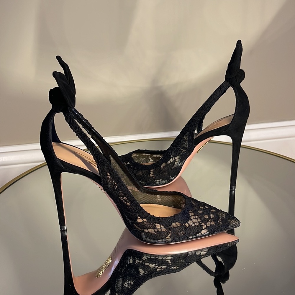 Aquazzura Deneuve 105 Bow Tie lace suede pump sz 36 - Picture 14 of 15